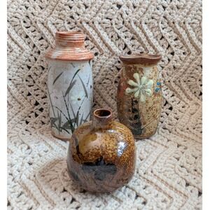 Studio Pottery Wall Pocket Vase Set 3pc Hand Painted Floral Ceramic Bud Vase